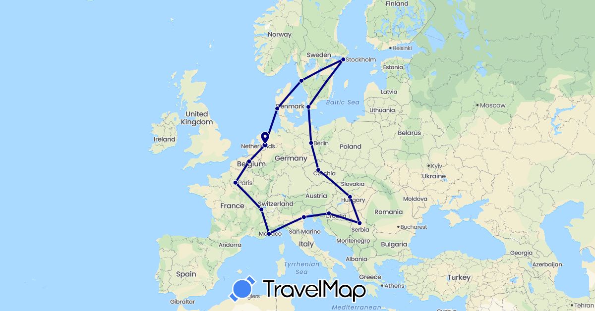 TravelMap itinerary: driving in Belgium, Switzerland, Czech Republic, Germany, Denmark, France, Croatia, Hungary, Italy, Netherlands, Serbia, Sweden (Europe)